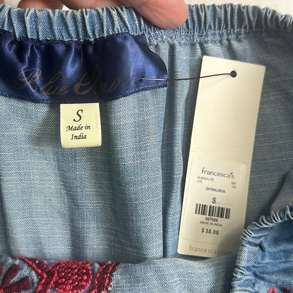 Cottagecore Boho Embroidered Denim Chambray 3/4 Bell Sleeve Top Size Small‎ NWT - Picture 5 of 9